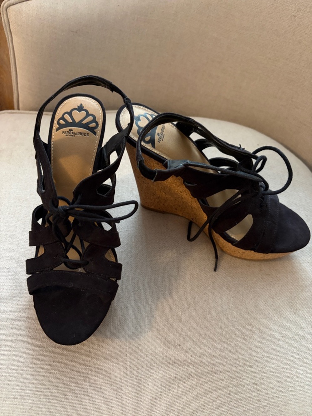 Fergalicious Black Suede Lace-Up Cork Wedge Sandals